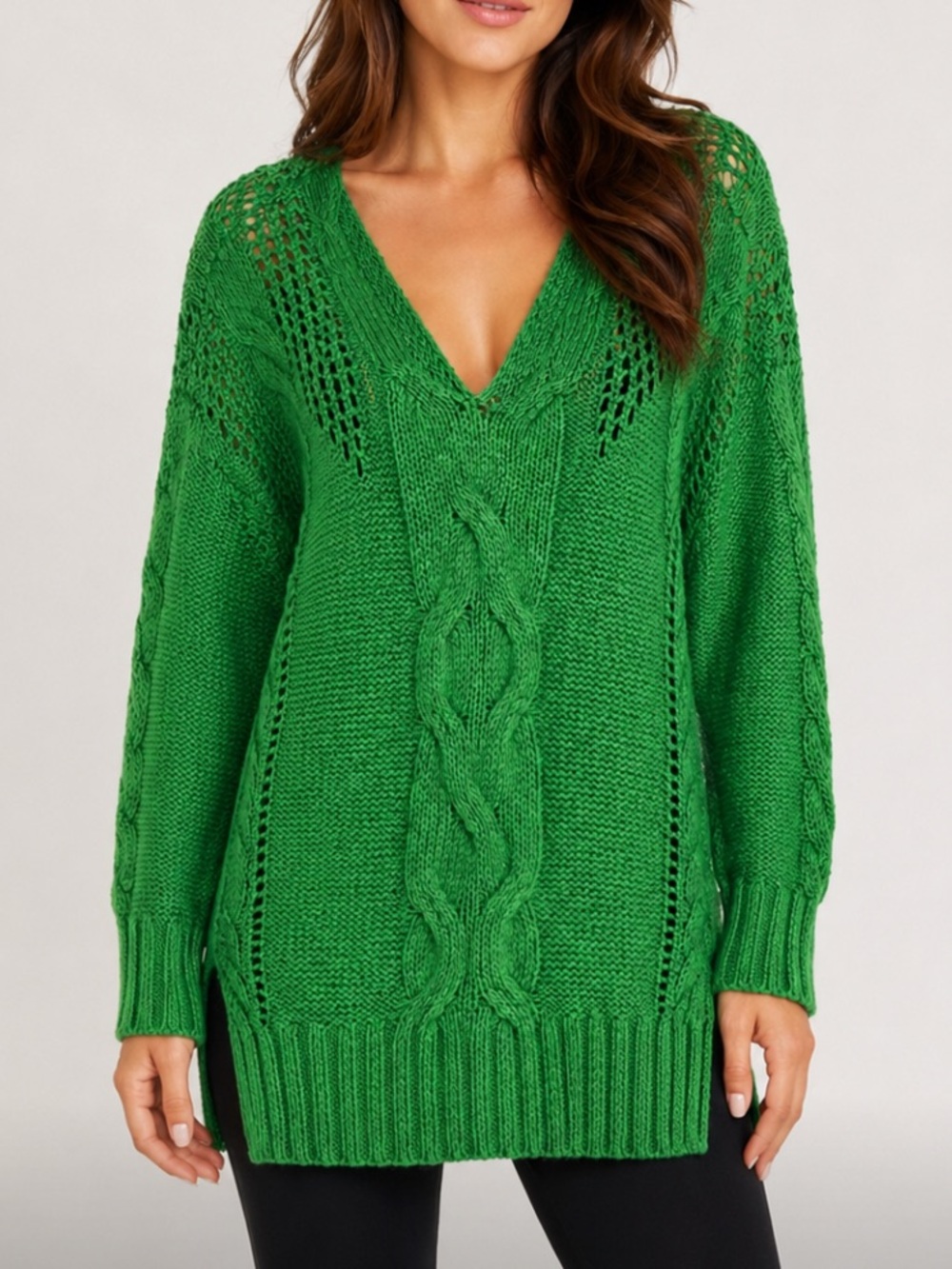 Anthropologie Pilcro knit green cable pointelle crochet tunic sweater sz xs